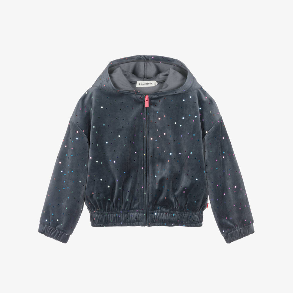Billieblush-Girls Grey Velour Zip-Up Top with Dot Sequins | Childrensalon