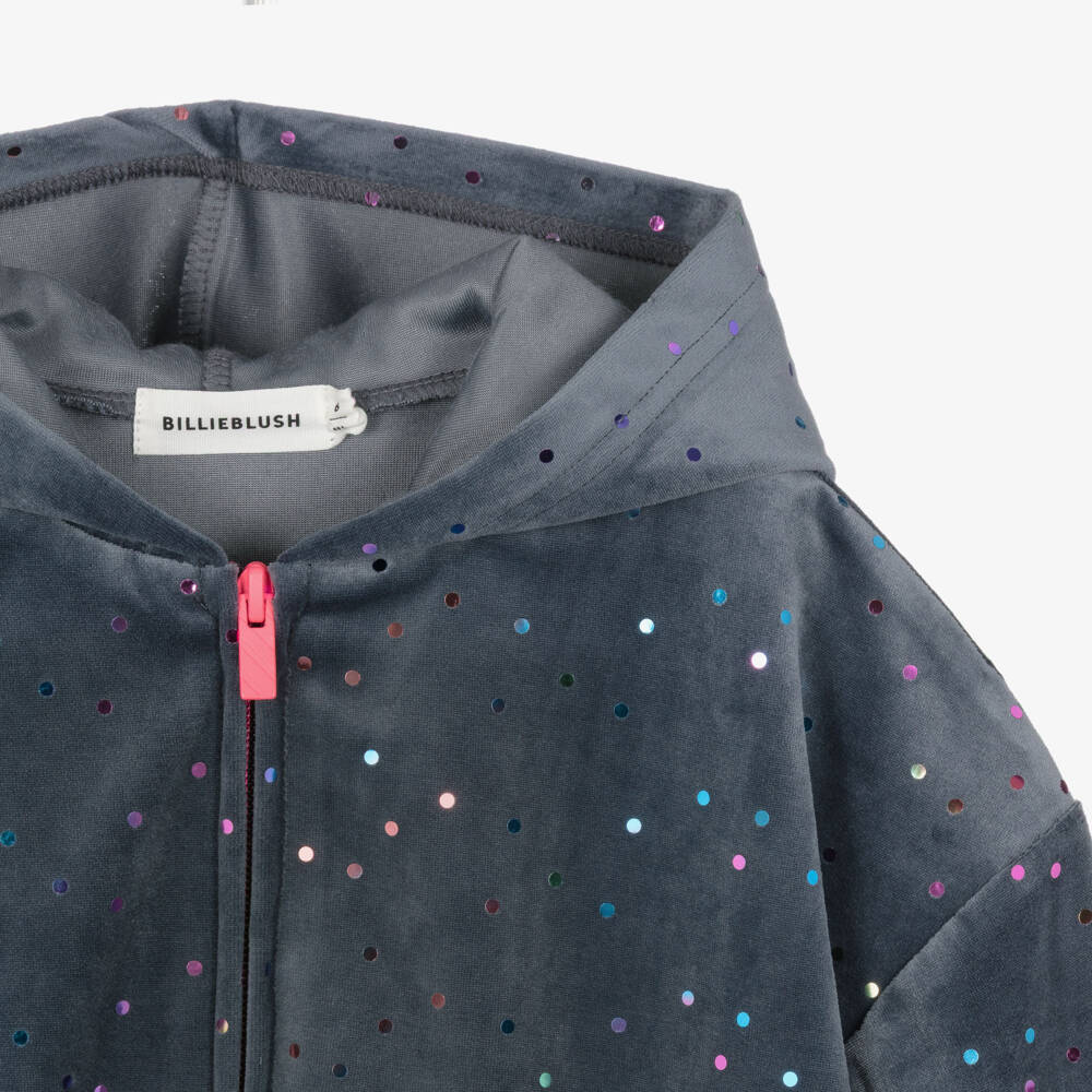 Billieblush-Girls Grey Velour Zip-Up Top with Dot Sequins | Childrensalon