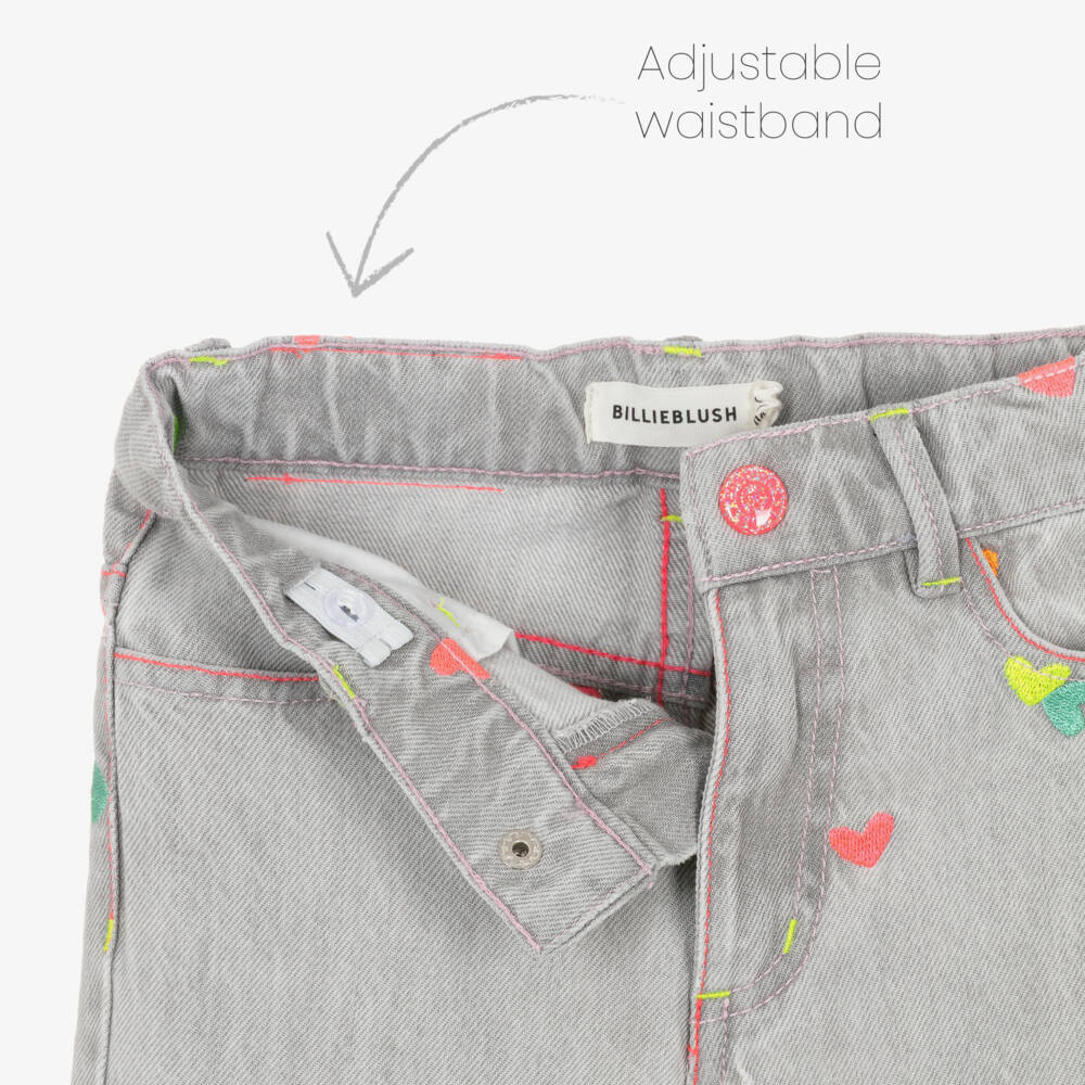 Billieblush-Джинсы клеш серые с вышитыми сердцами для девочек  | Childrensalon