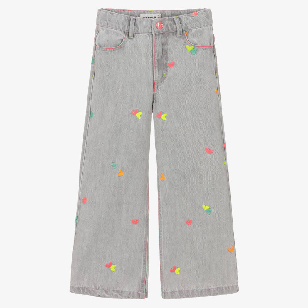 Billieblush-Girls Grey Wide-Leg Denim Jeans with Embroidered Hearts | Childrensalon