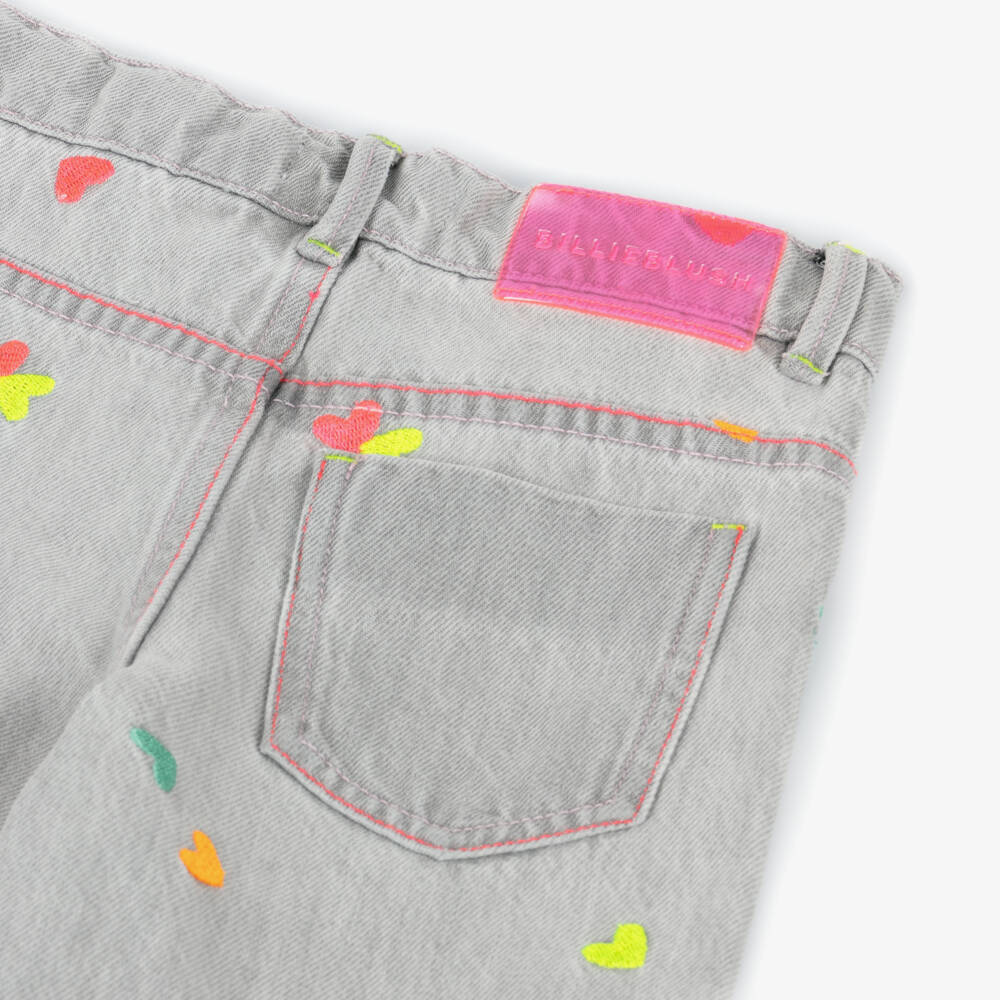 Billieblush-Джинсы клеш серые с вышитыми сердцами для девочек  | Childrensalon