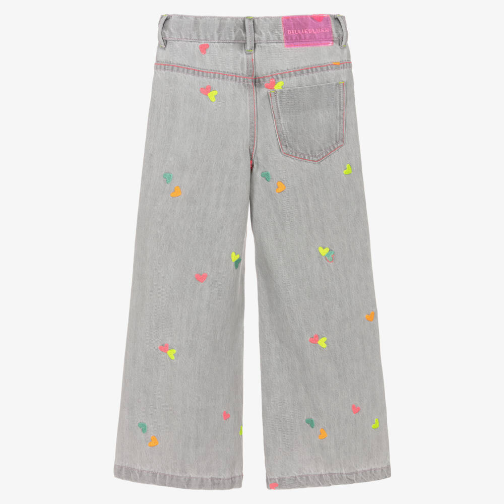 Billieblush-Джинсы клеш серые с вышитыми сердцами для девочек  | Childrensalon