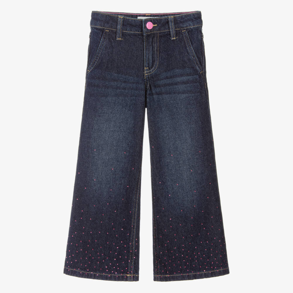 Billieblush-Girls Indigo Blue Wide Leg Denim Jeans with Pink Diamantés | Childrensalon