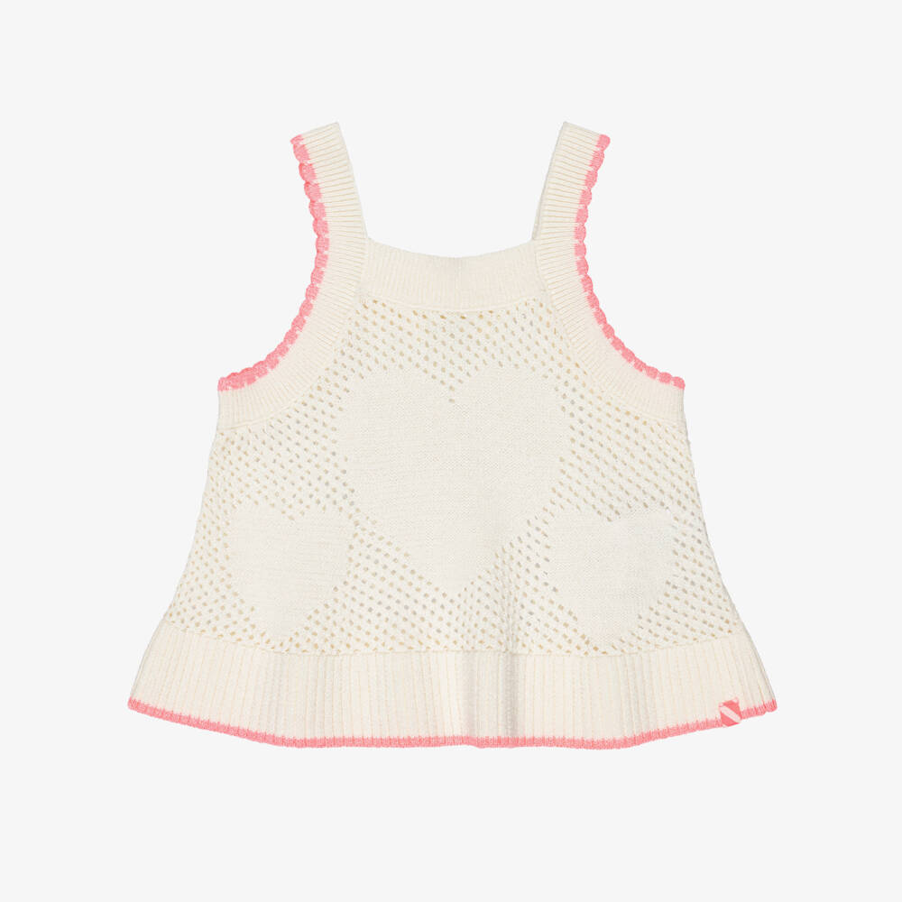 Billieblush-Girls Iridescent Ivory Cotton Knit Heart Top with Pink Trims | Childrensalon