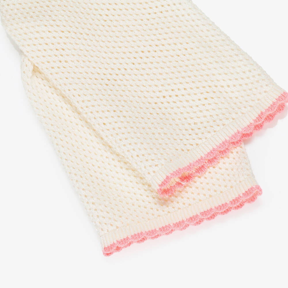 Billieblush-Girls Iridescent Ivory Cotton Knit Trousers with Pink Trims | Childrensalon