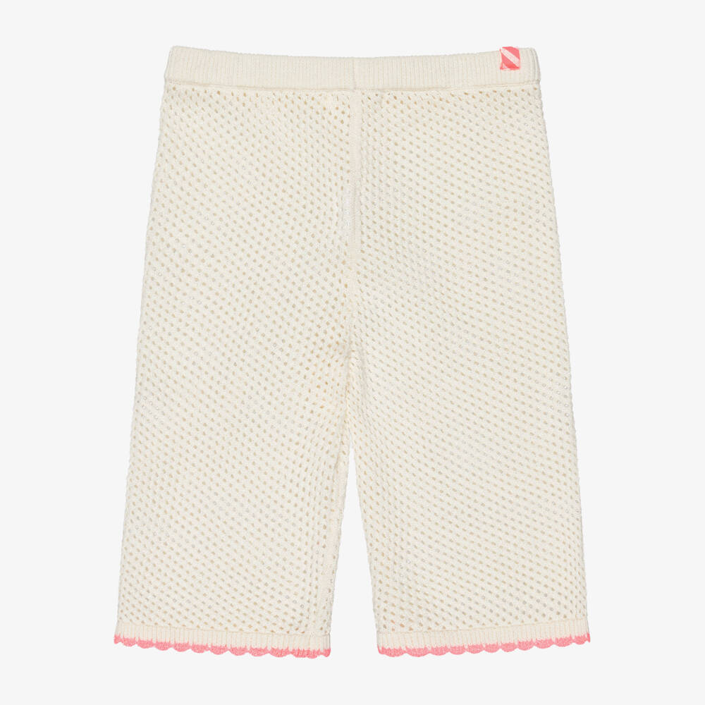 Billieblush-Girls Iridescent Ivory Cotton Knit Trousers with Pink Trims | Childrensalon