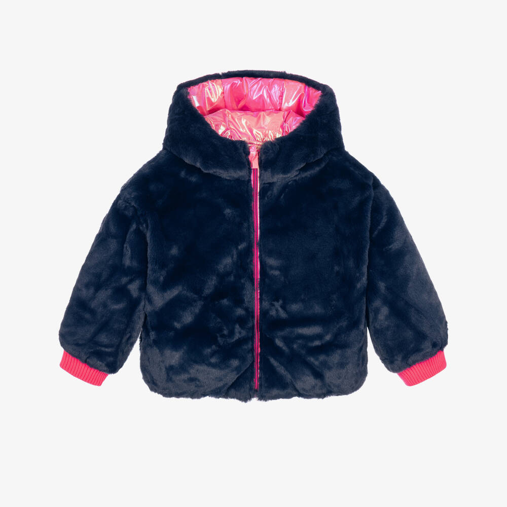 Billieblush-Girls Iridescent Pink & Navy Blue Plush Reversible Jacket | Childrensalon