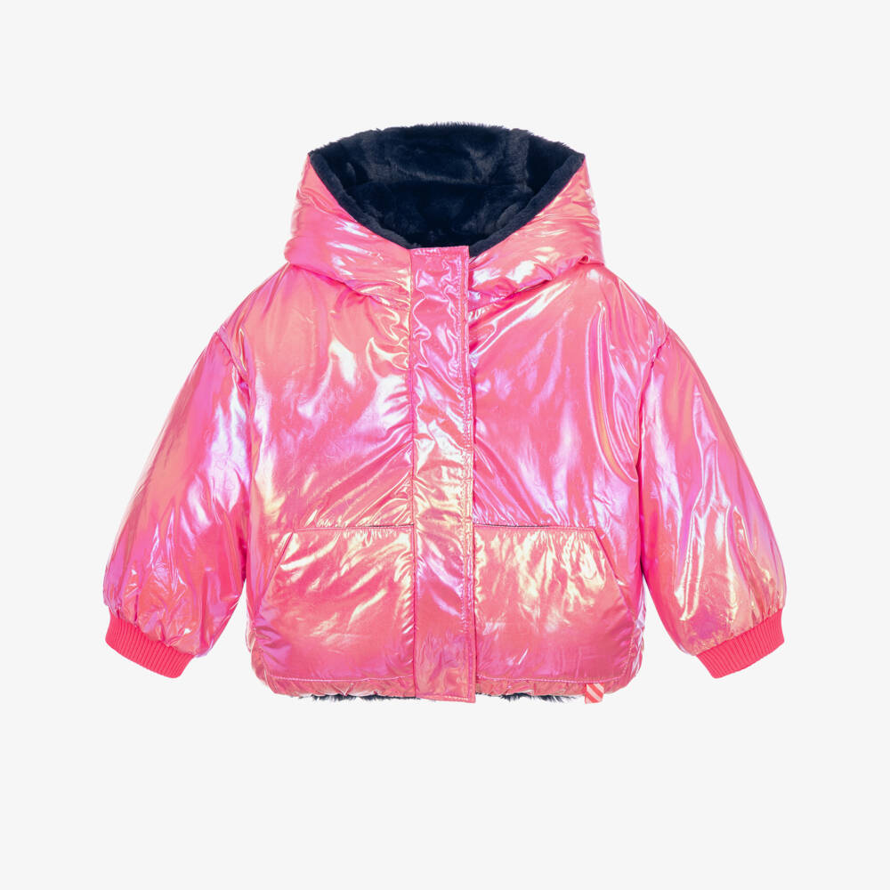 Billieblush-Girls Iridescent Pink & Navy Blue Plush Reversible Jacket | Childrensalon
