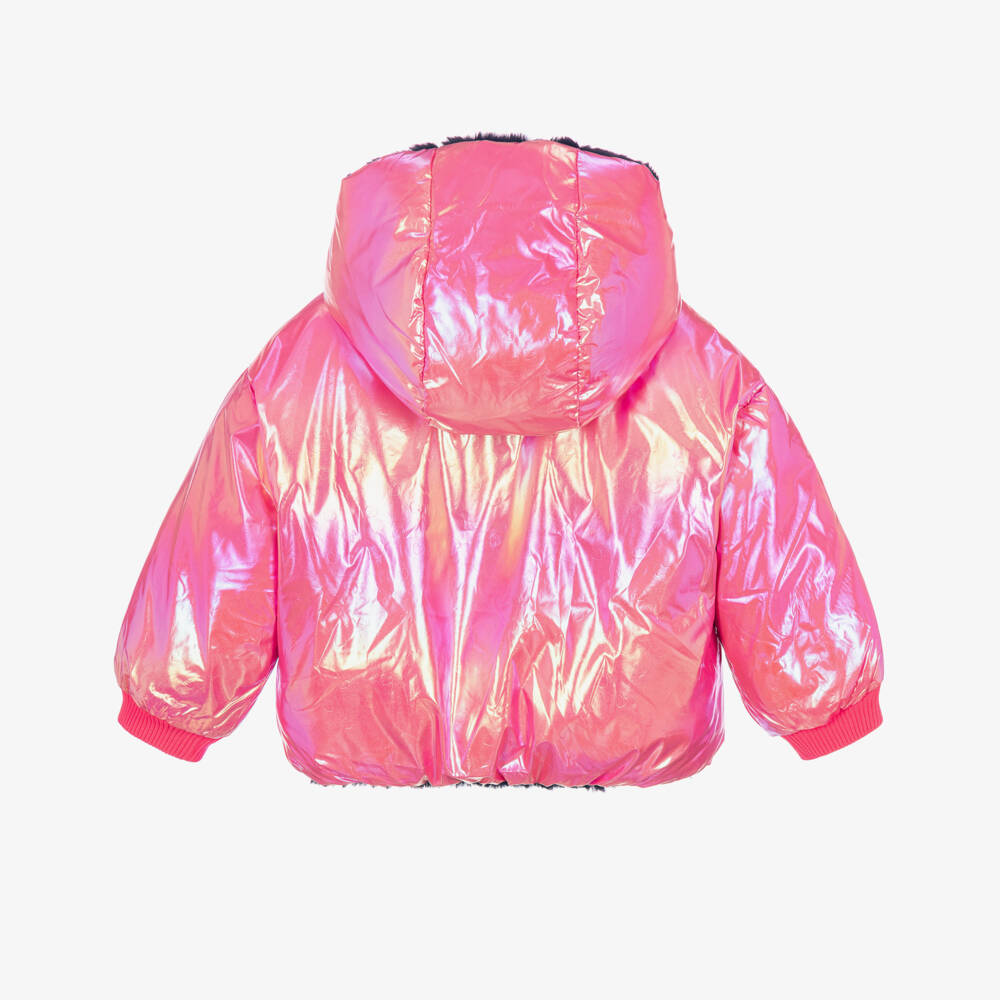 Billieblush-Girls Iridescent Pink & Navy Blue Plush Reversible Jacket | Childrensalon