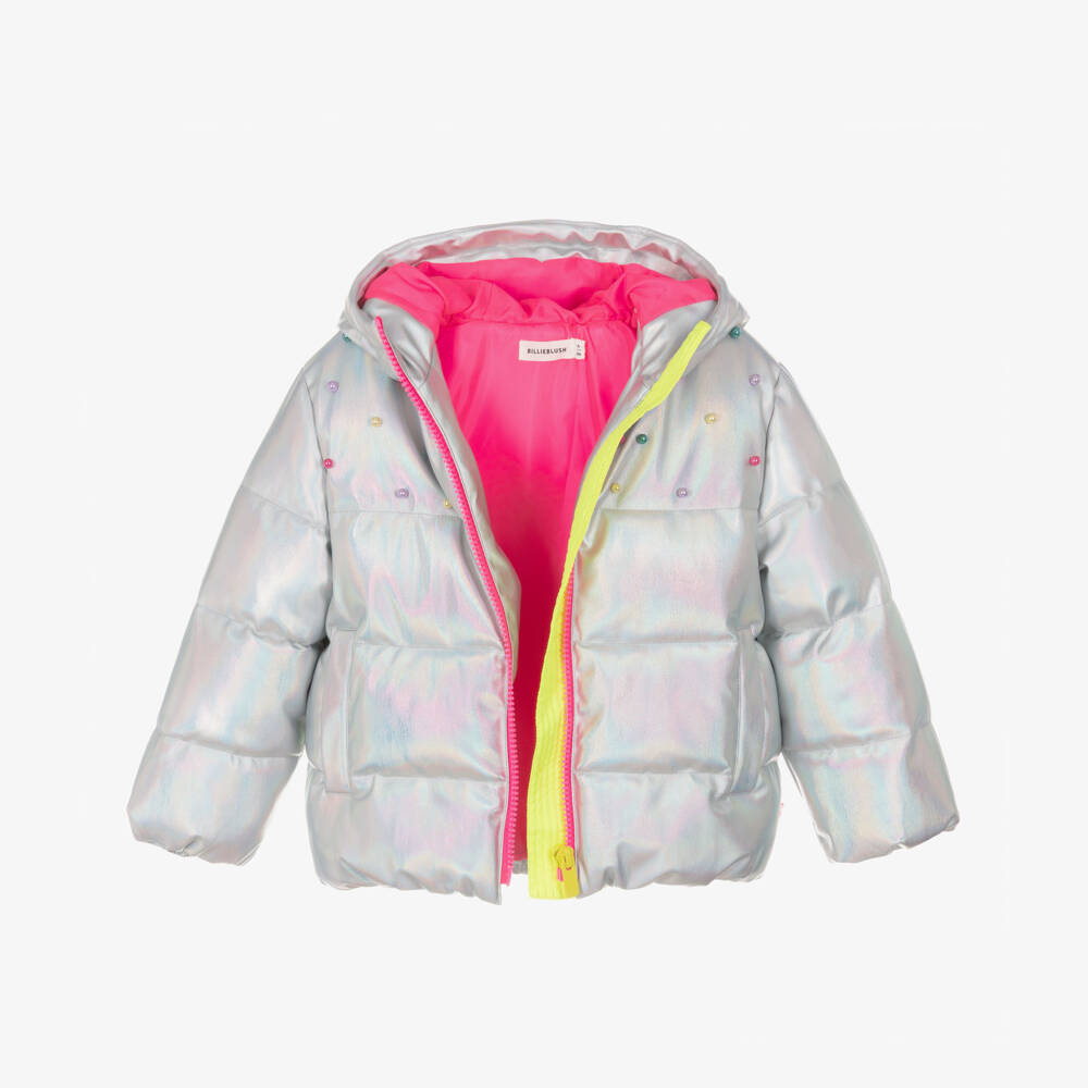 Billieblush-Girls Iridescent Silver Coat with Decorative Pearls | Childrensalon