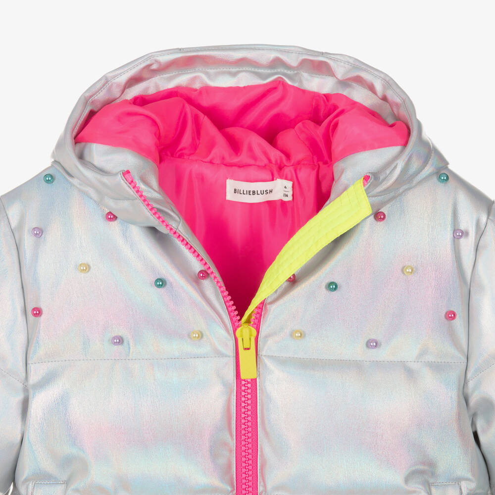 Billieblush-Girls Iridescent Silver Coat with Decorative Pearls | Childrensalon