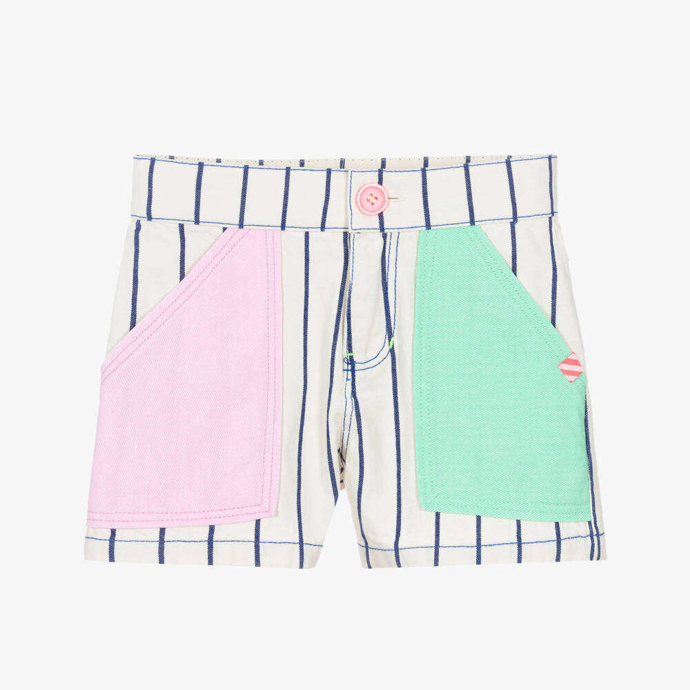 Billieblush-Girls Ivory & Blue Stripe Denim Shorts with Patch Pockets | Childrensalon