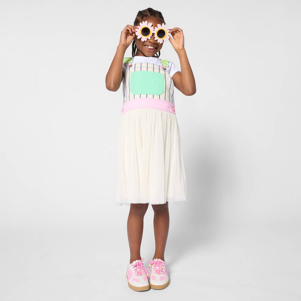 Billieblush-Girls Ivory & Blue Stripe Pinafore Dress in Denim & Tulle | Childrensalon
