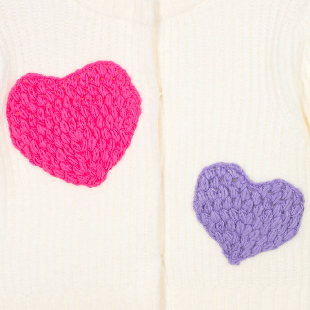 Billieblush-Girls Ivory Chunky Knit Cardigan with Colourful Hearts | Childrensalon