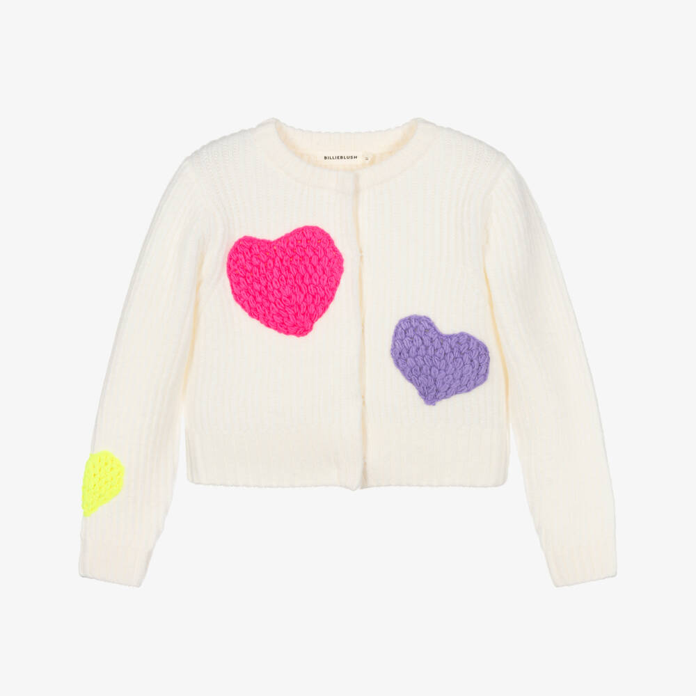 Billieblush-Girls Ivory Chunky Knit Cardigan with Colourful Hearts | Childrensalon