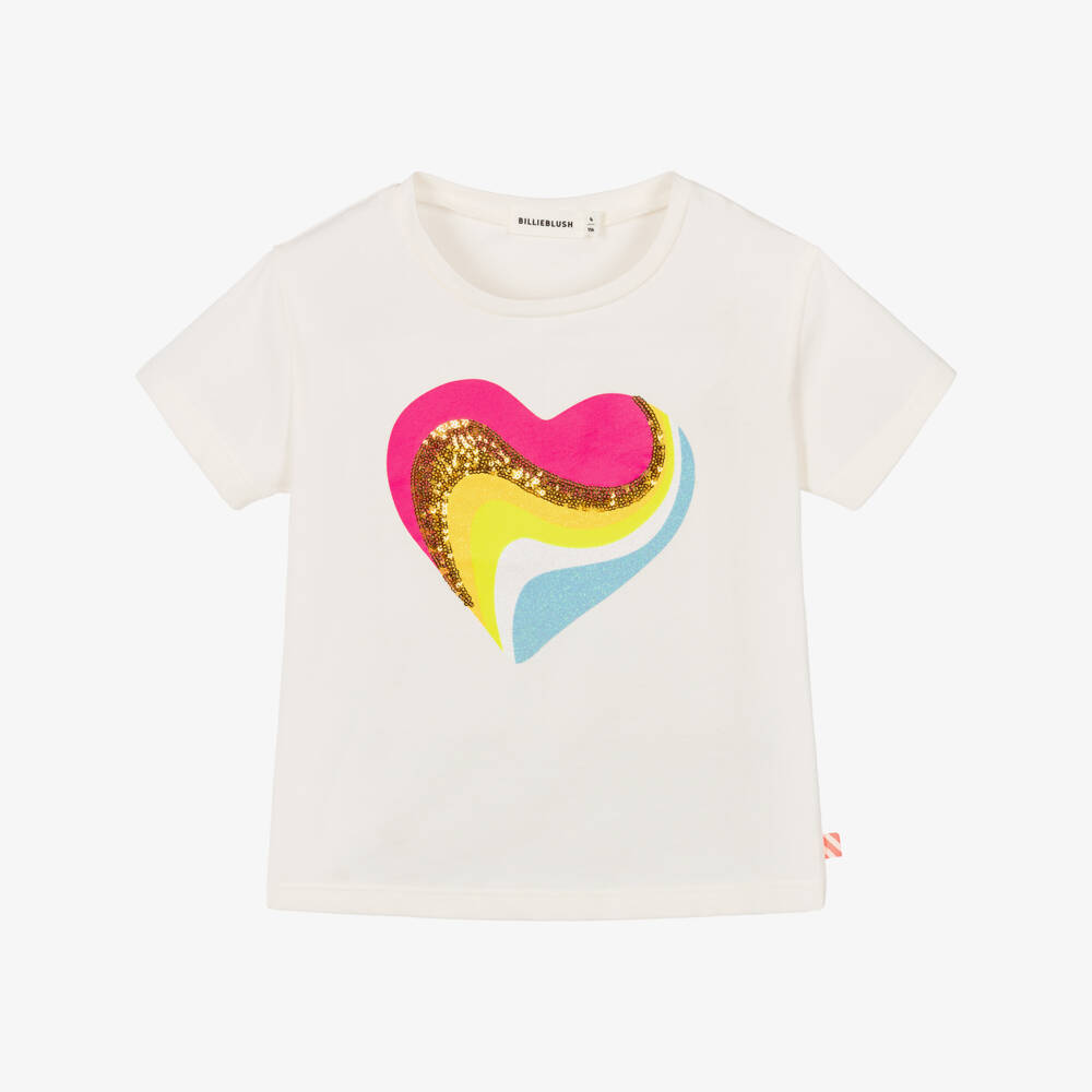 Billieblush-Girls Ivory Cotton Sparkly Heart Print T-Shirt | Childrensalon