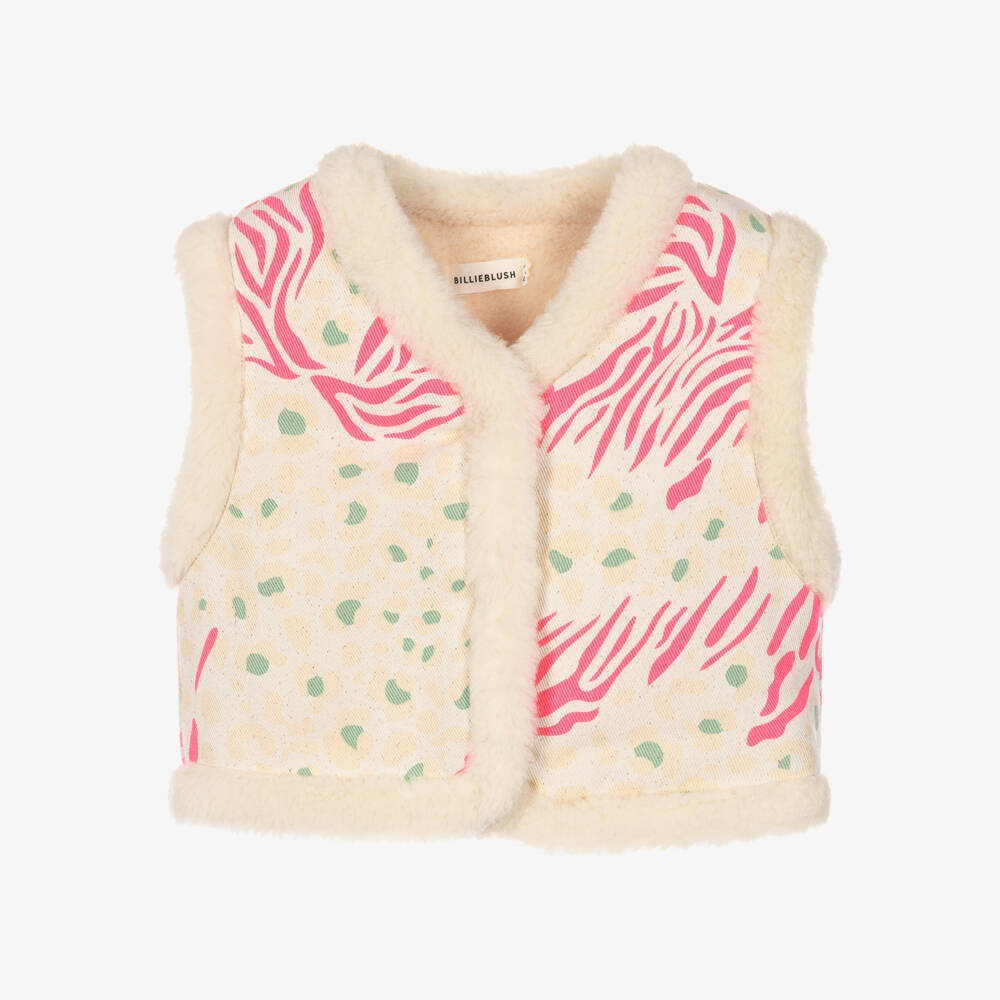 Billieblush-Girls Ivory Fleece-Lined Gilet with Leopard Print | Childrensalon