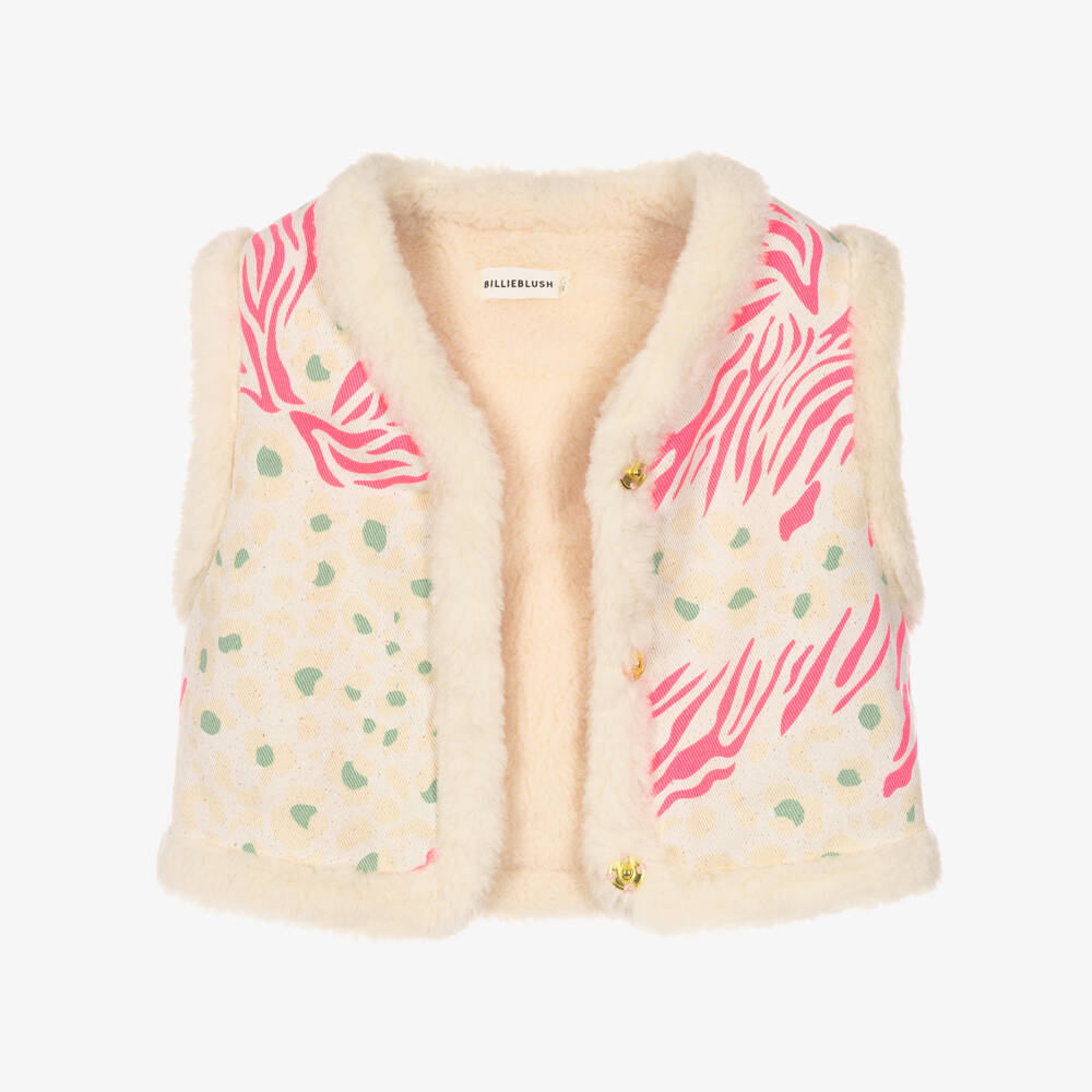 Billieblush-Girls Ivory Fleece-Lined Gilet with Leopard Print | Childrensalon