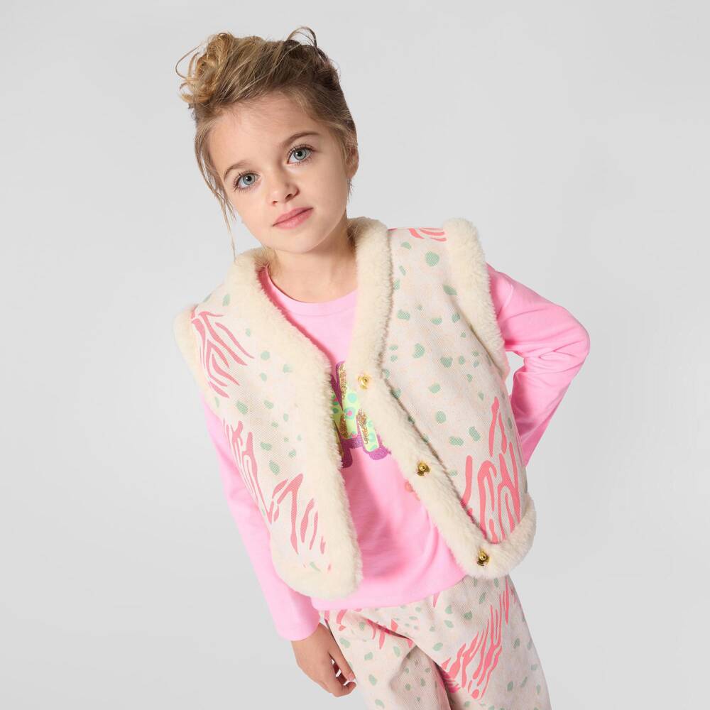 Billieblush-Girls Ivory Fleece-Lined Gilet with Leopard Print | Childrensalon