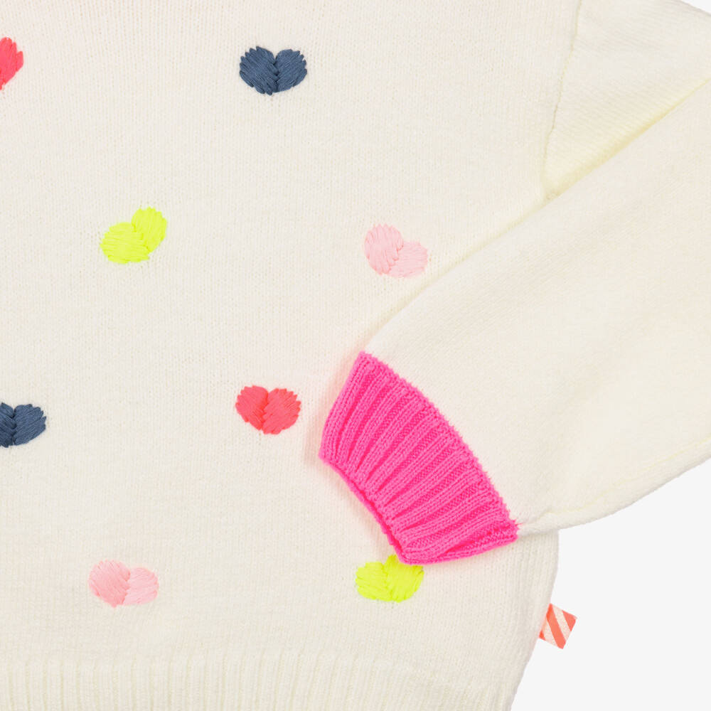 Billieblush-Girls Ivory Knit Sweater with Colourful Hearts | Childrensalon