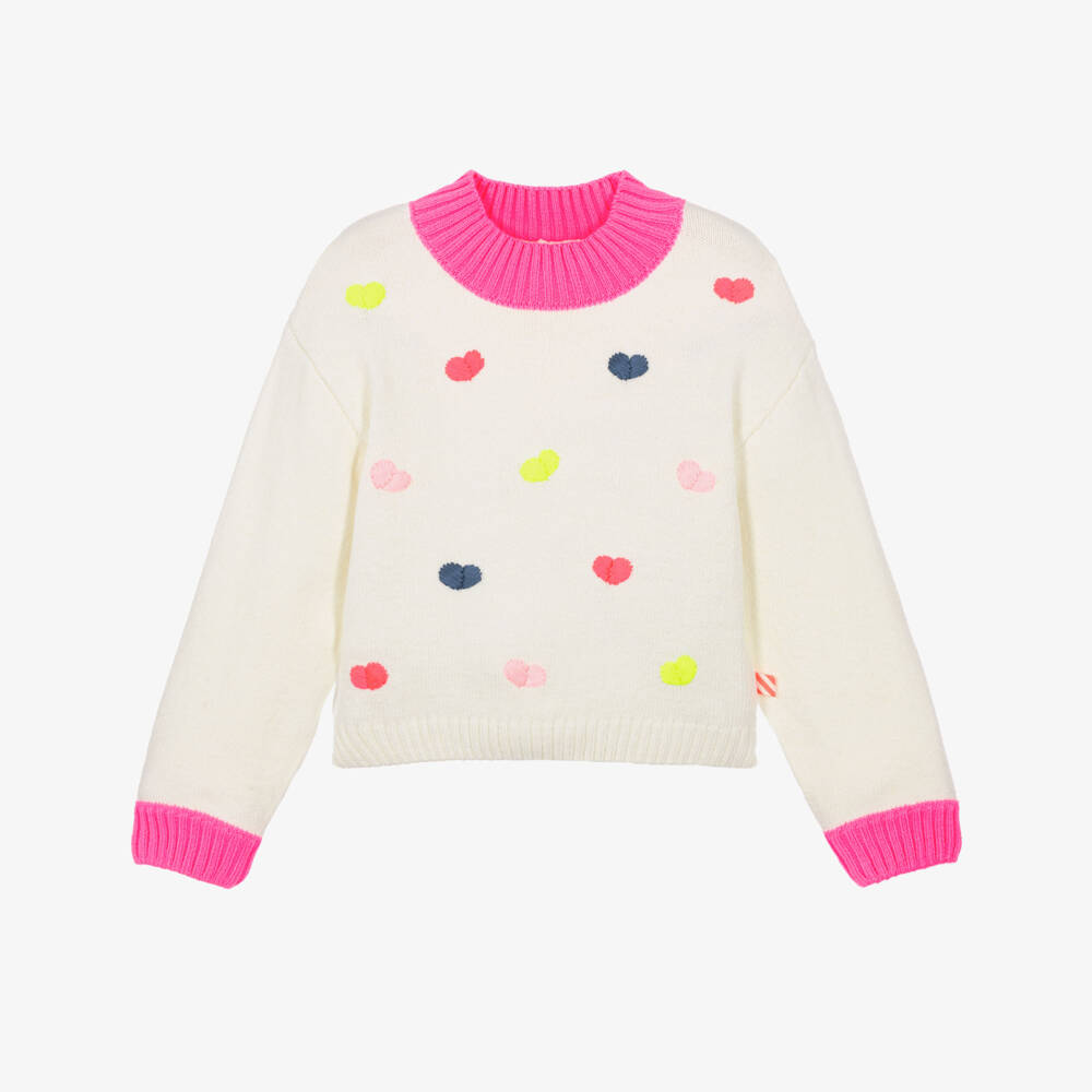 Billieblush-Girls Ivory Knit Sweater with Colourful Hearts | Childrensalon
