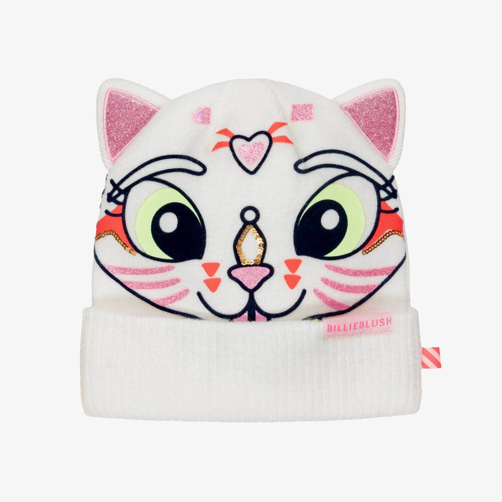 Billieblush-Girls Ivory Knitted Beanie Hat with Cat Motif | Childrensalon