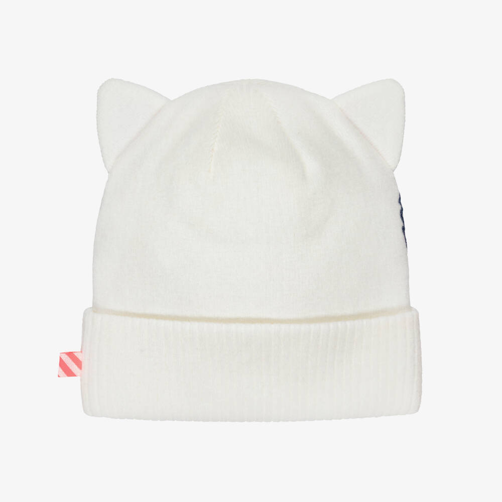 Billieblush-Girls Ivory Knitted Beanie Hat with Cat Motif | Childrensalon