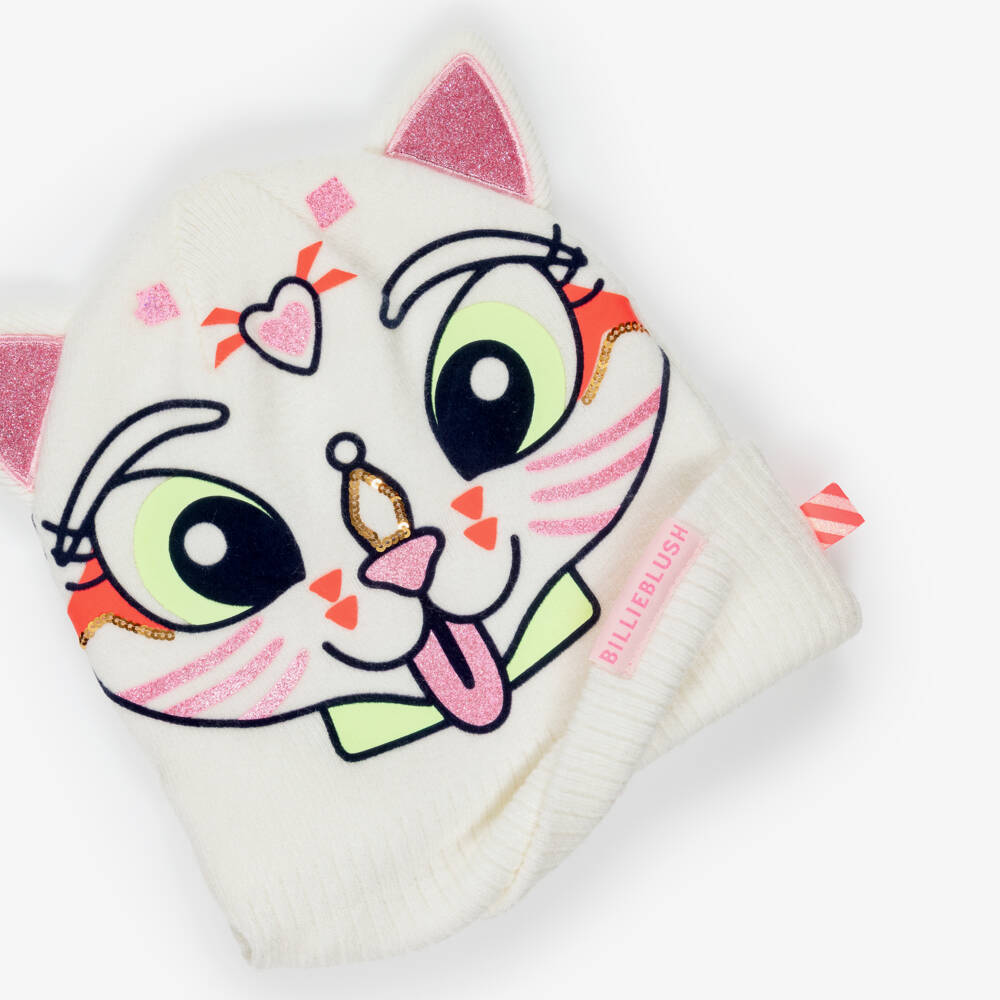 Billieblush-Girls Ivory Knitted Beanie Hat with Cat Motif | Childrensalon