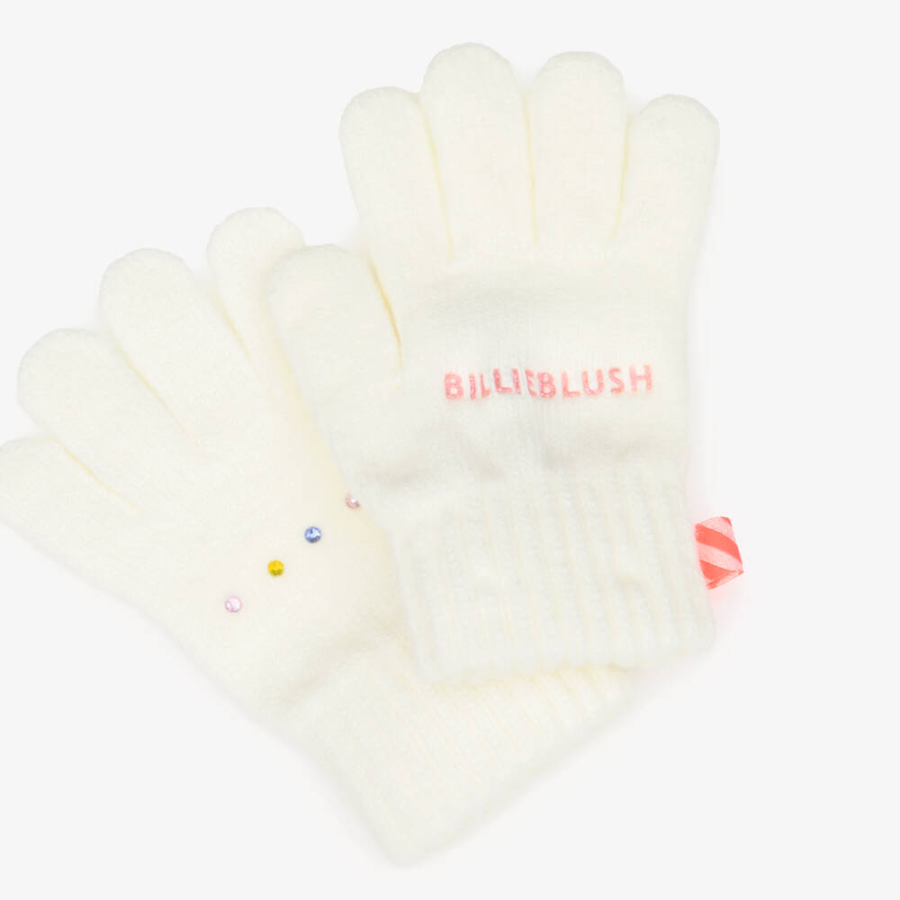 Billieblush-Girls Ivory Knitted Gloves with Colourful Diamanté | Childrensalon