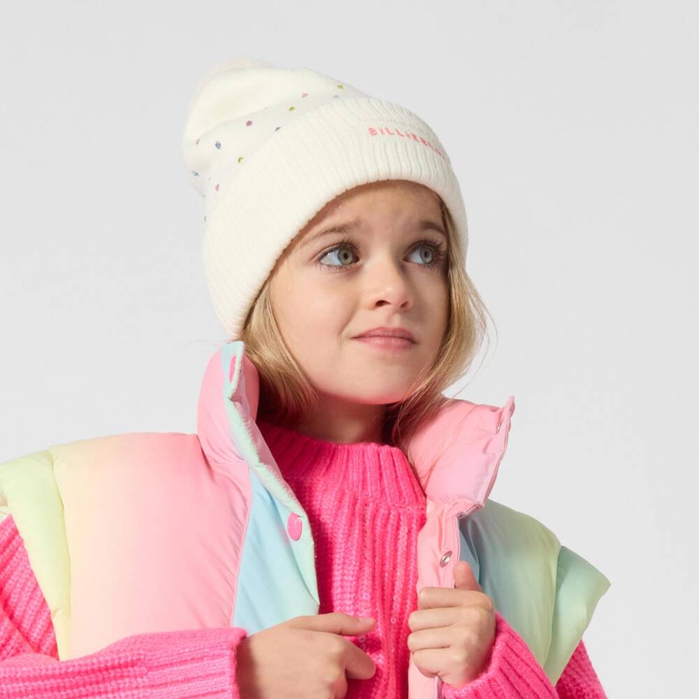 Billieblush-Girls Ivory Knitted Hat with Colourful Diamanté | Childrensalon
