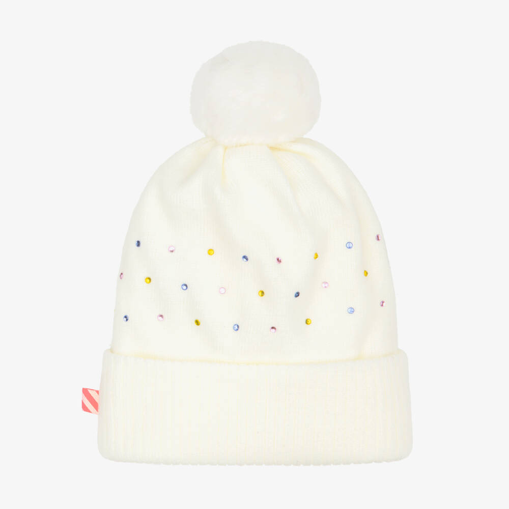 Billieblush-Girls Ivory Knitted Hat with Colourful Diamanté | Childrensalon