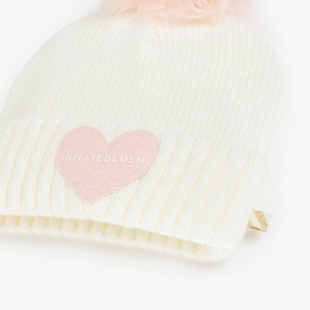 Billieblush-Girls Ivory Knitted Hat with Pink Tulle Pom-Pom & Logo Heart | Childrensalon