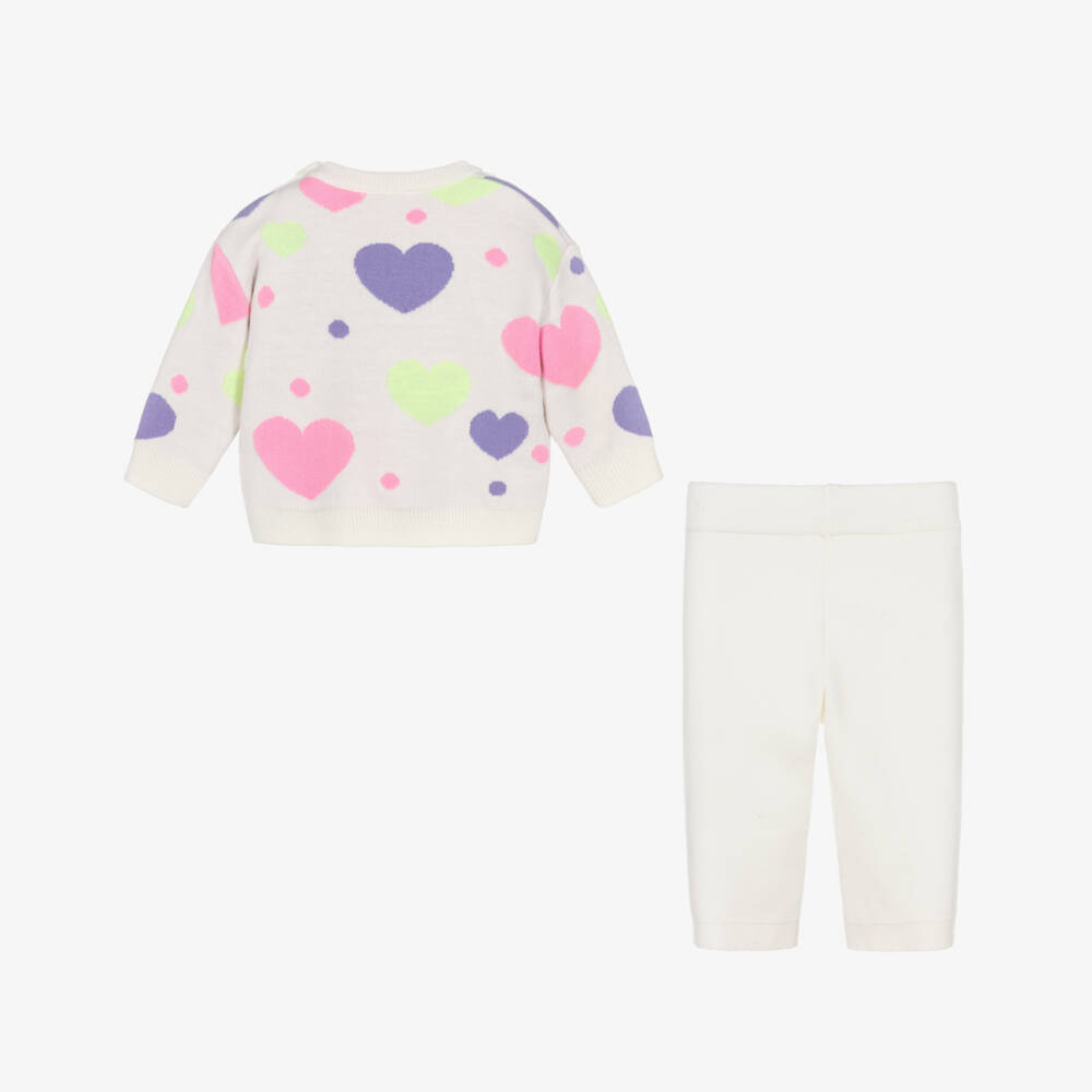 Billieblush-Girls Ivory Knitted Trouser Set with Colourful Heart Motifs | Childrensalon
