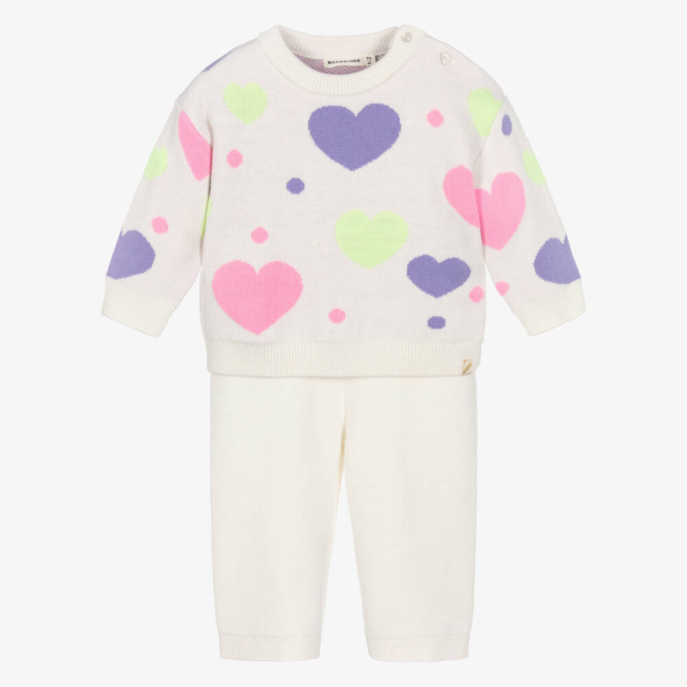Billieblush-Girls Ivory Knitted Trouser Set with Colourful Heart Motifs | Childrensalon
