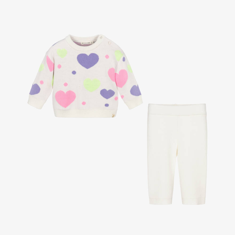 Billieblush-Girls Ivory Knitted Trouser Set with Colourful Heart Motifs | Childrensalon