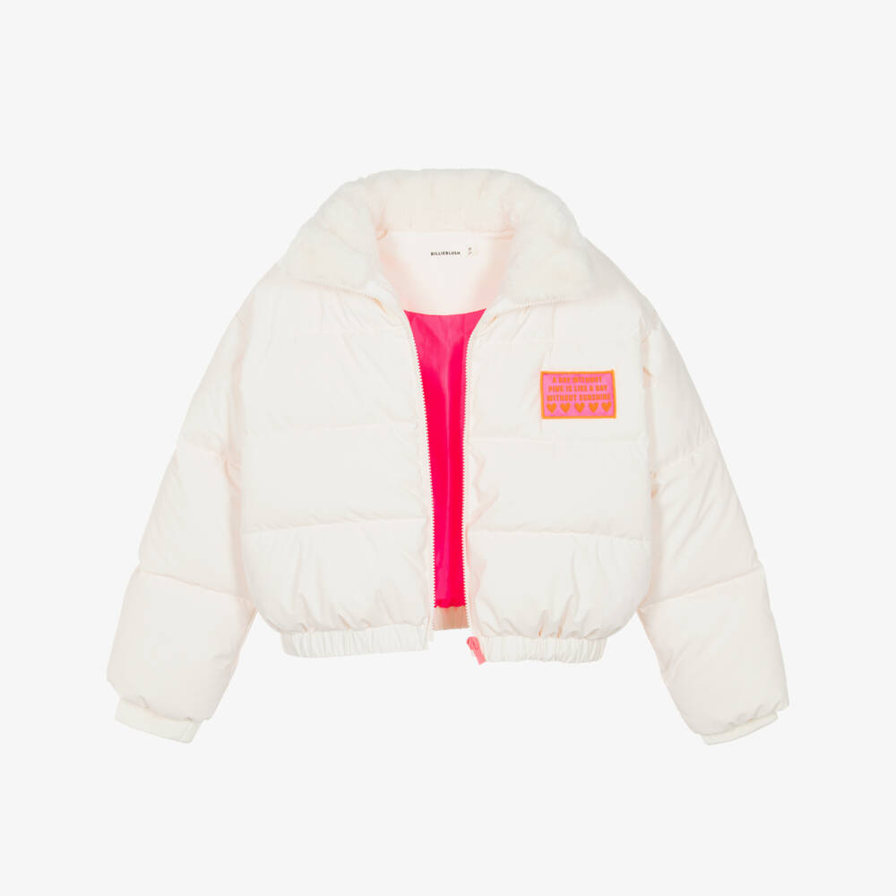 Billieblush-جاكيت منفوخ بياقة فرو صناعي لون عاجي للبنات | Childrensalon