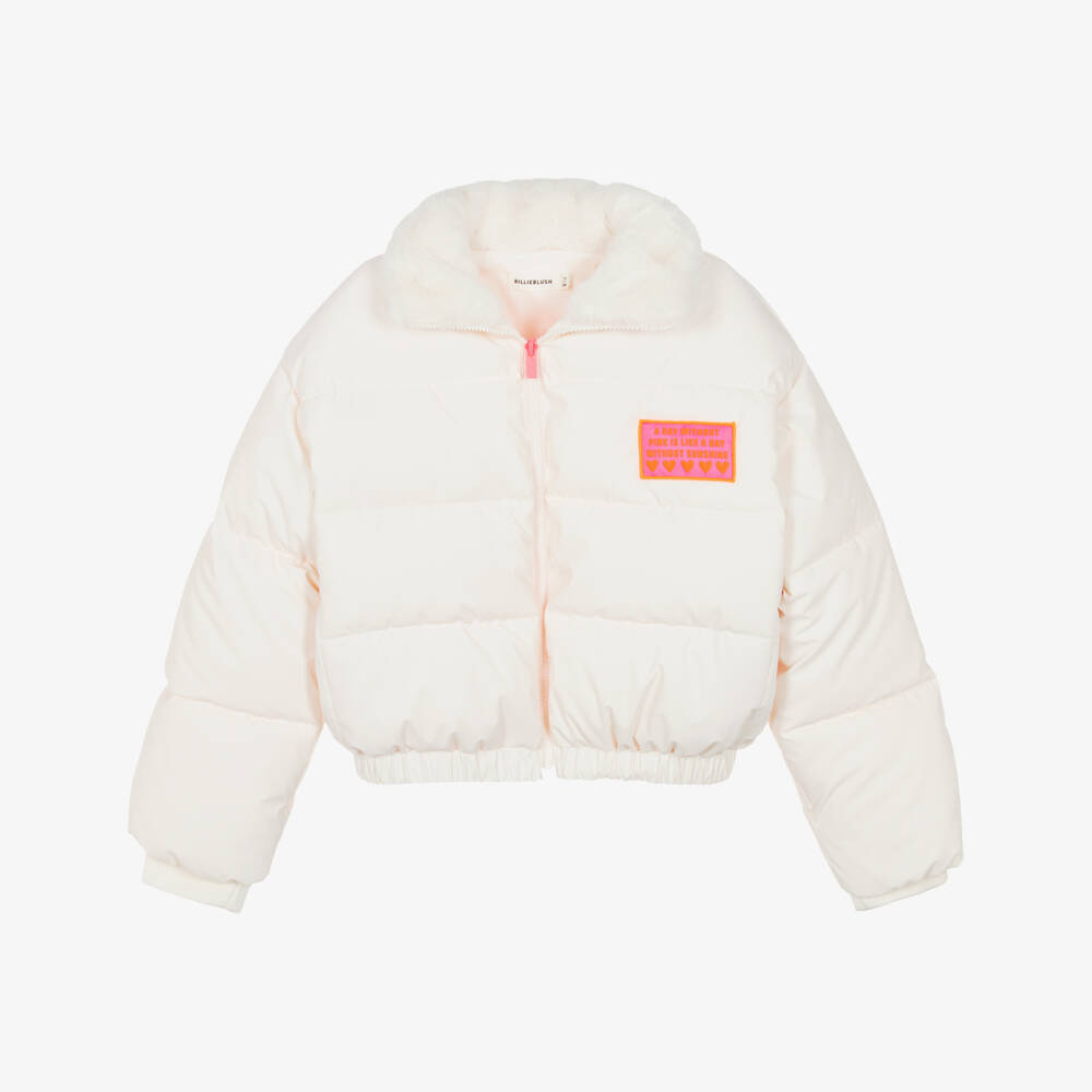 Billieblush-Girls Ivory Puffer Jacket with Faux Fur Collar | Childrensalon