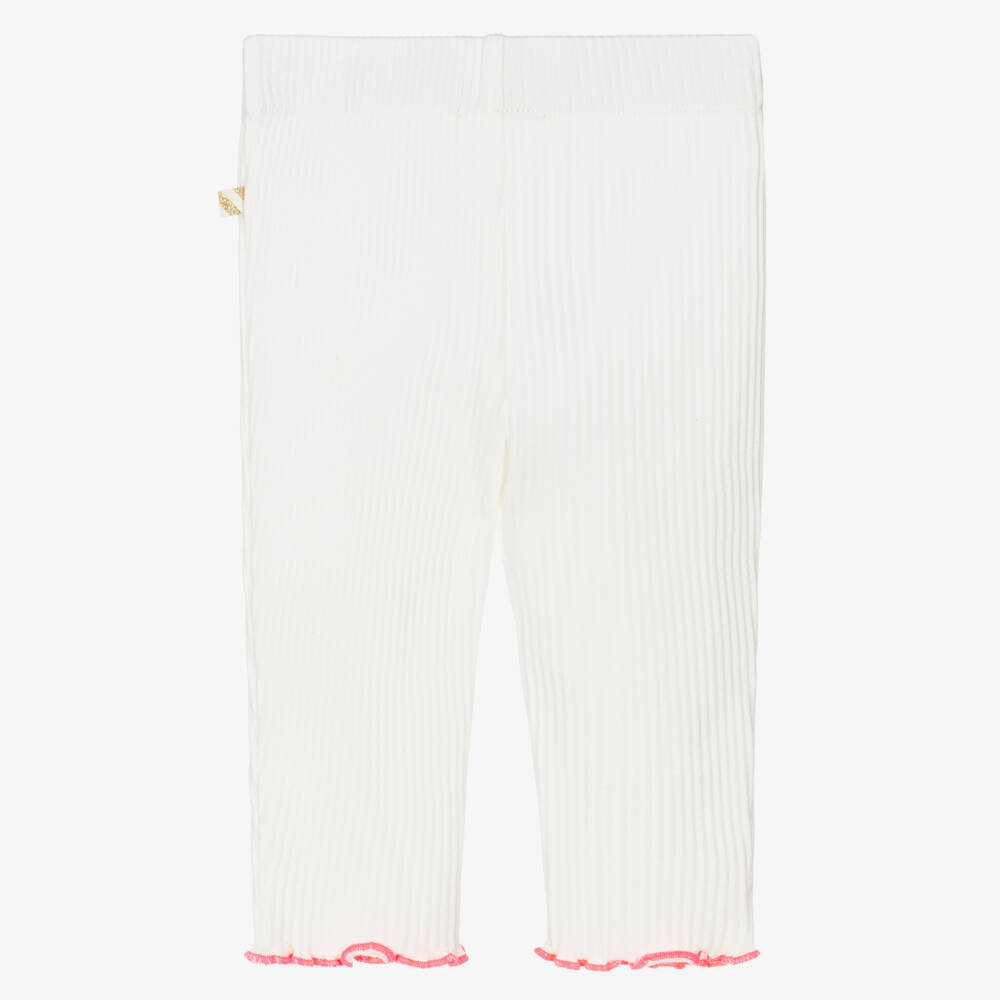 Billieblush-Girls Ivory Ribbed Leggings with Smiling Heart Motifs | Childrensalon