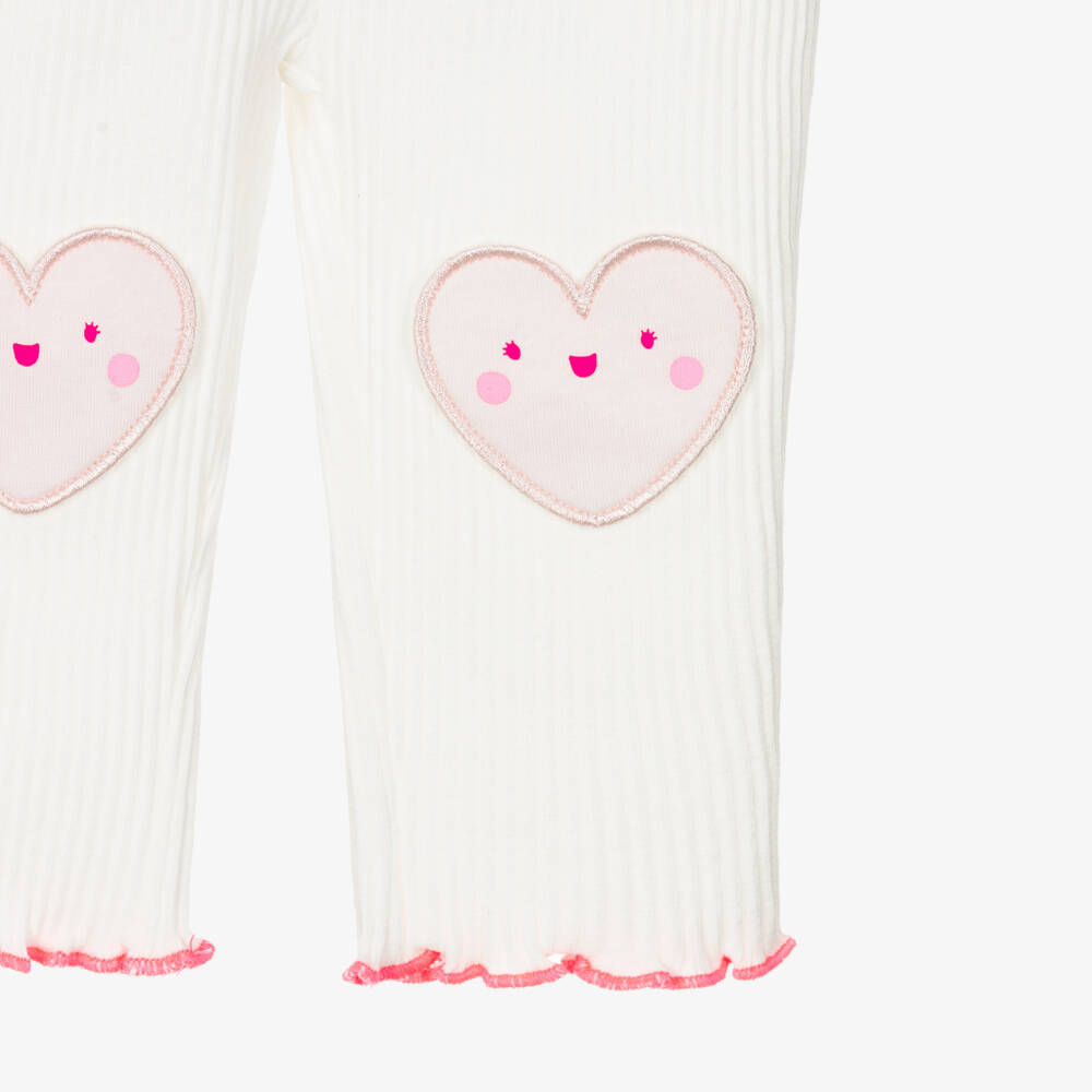 Billieblush-Girls Ivory Ribbed Leggings with Smiling Heart Motifs | Childrensalon