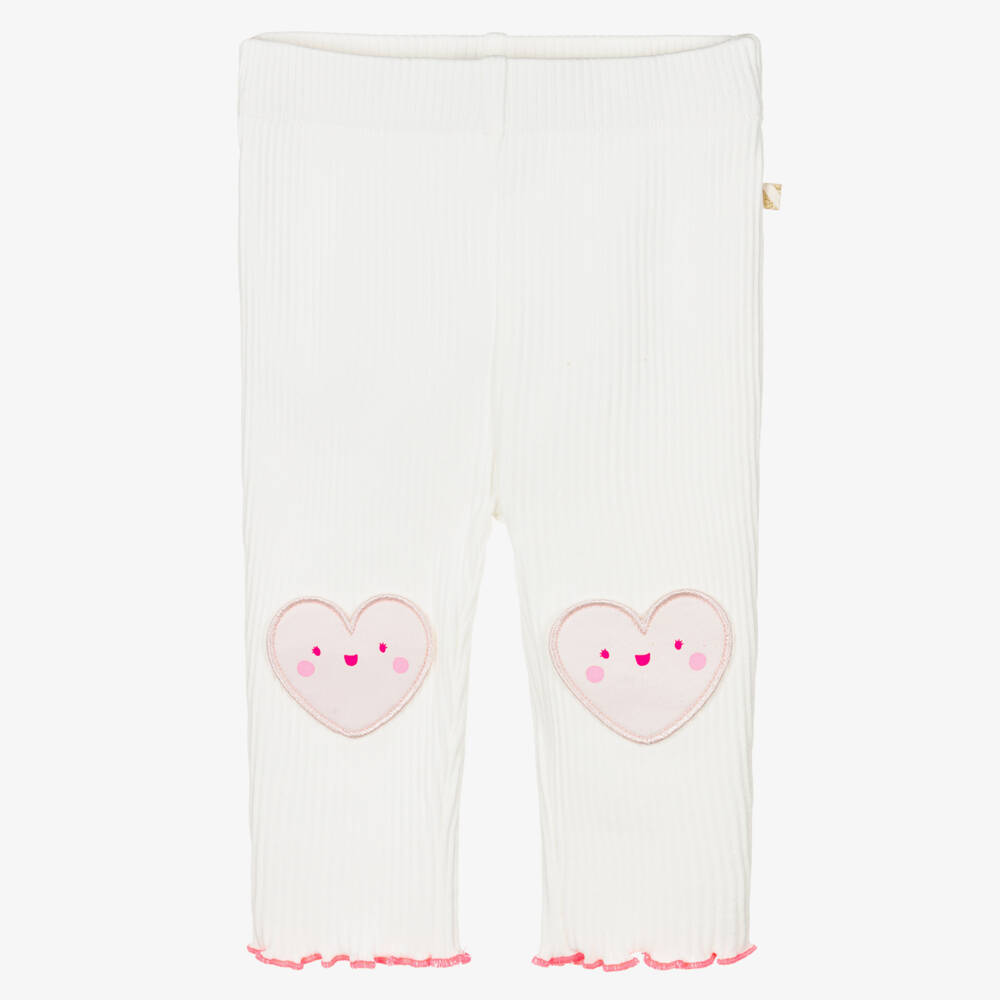 Billieblush-Girls Ivory Ribbed Leggings with Smiling Heart Motifs | Childrensalon