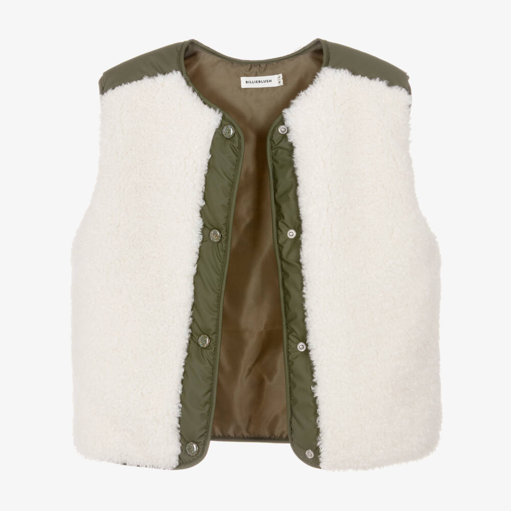 Billieblush-Girls Ivory Sherpa Gilet with Green Trims | Childrensalon
