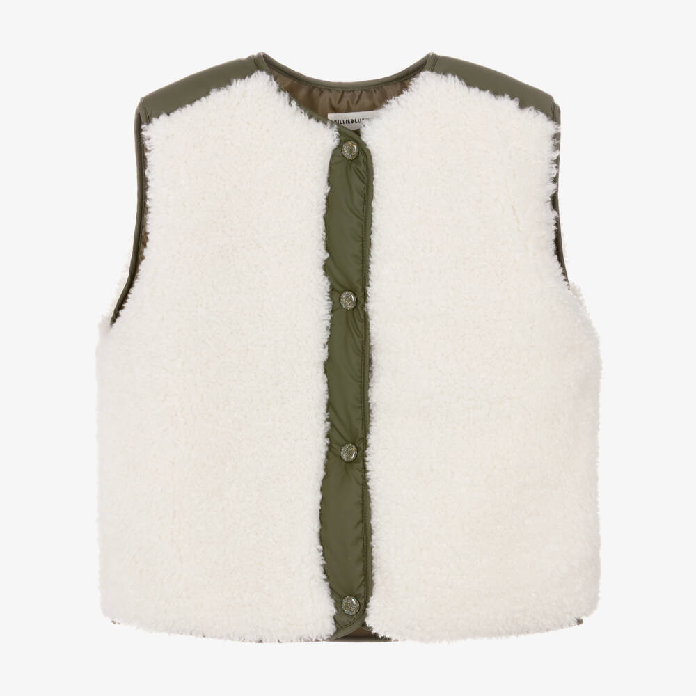 Billieblush-Girls Ivory Sherpa Gilet with Green Trims | Childrensalon