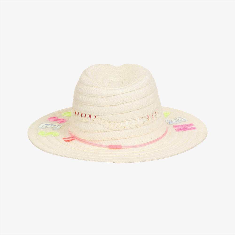 Billieblush-Girls Ivory Straw Sun Hat with Sequinned Slogan | Childrensalon