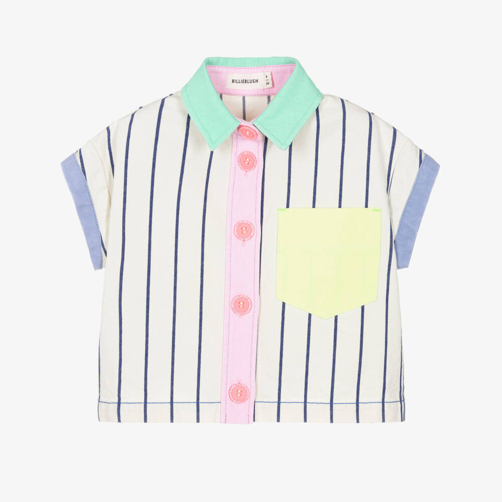 Billieblush-Girls Ivory Stripe Cotton Shirt with Patch Pocket | Childrensalon