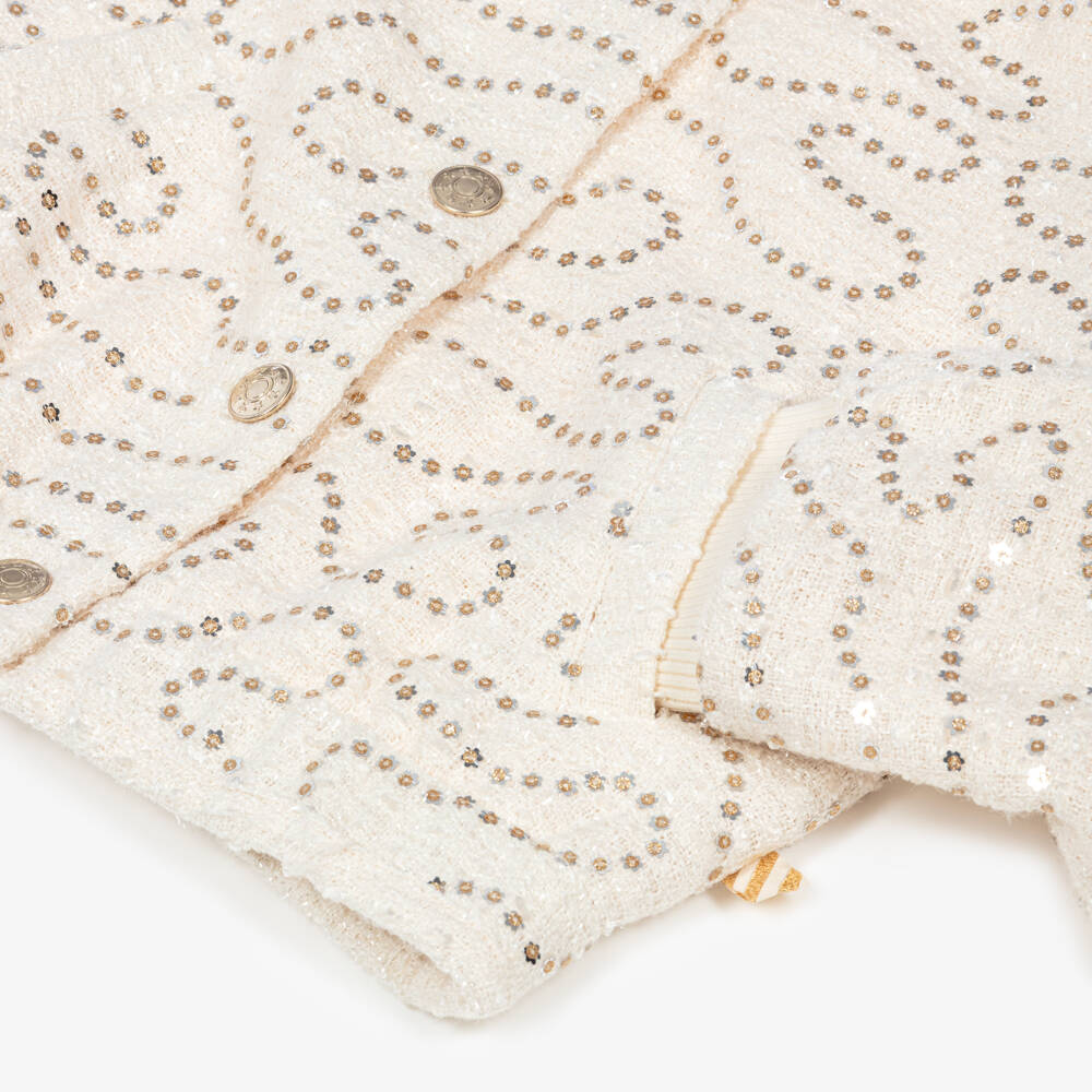 Billieblush-Girls Ivory Tweed Blouson Jacket with Sequins | Childrensalon