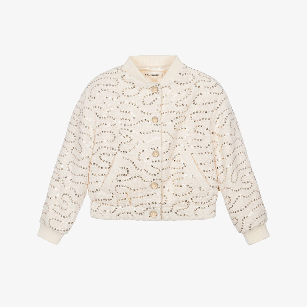 Billieblush-Girls Ivory Tweed Blouson Jacket with Sequins | Childrensalon