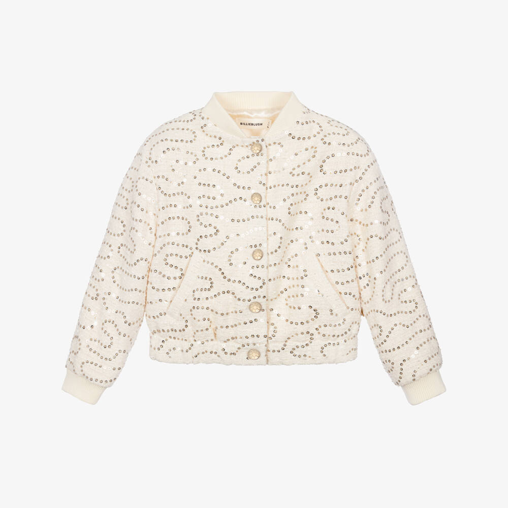 Billieblush-Girls Ivory Tweed Blouson Jacket with Sequins | Childrensalon