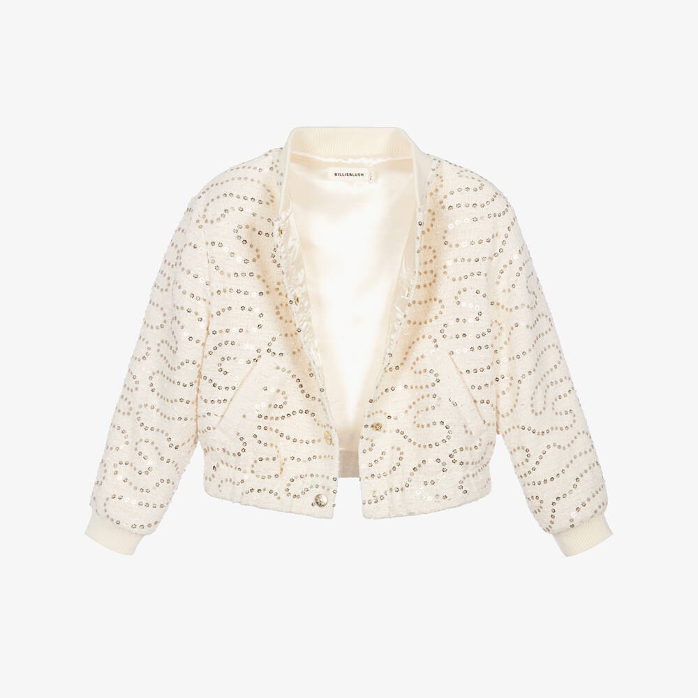 Billieblush-Girls Ivory Tweed Blouson Jacket with Sequins | Childrensalon