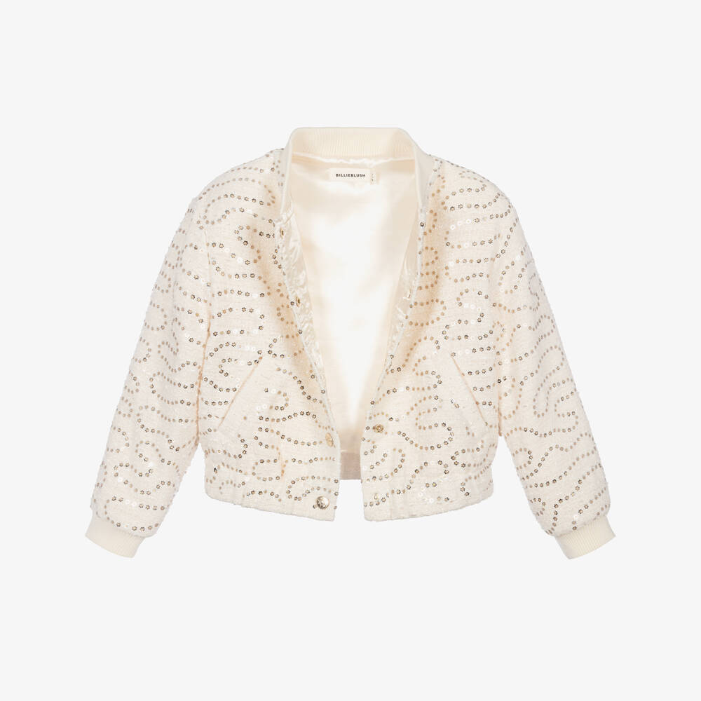 Billieblush-Girls Ivory Tweed Blouson Jacket with Sequins | Childrensalon