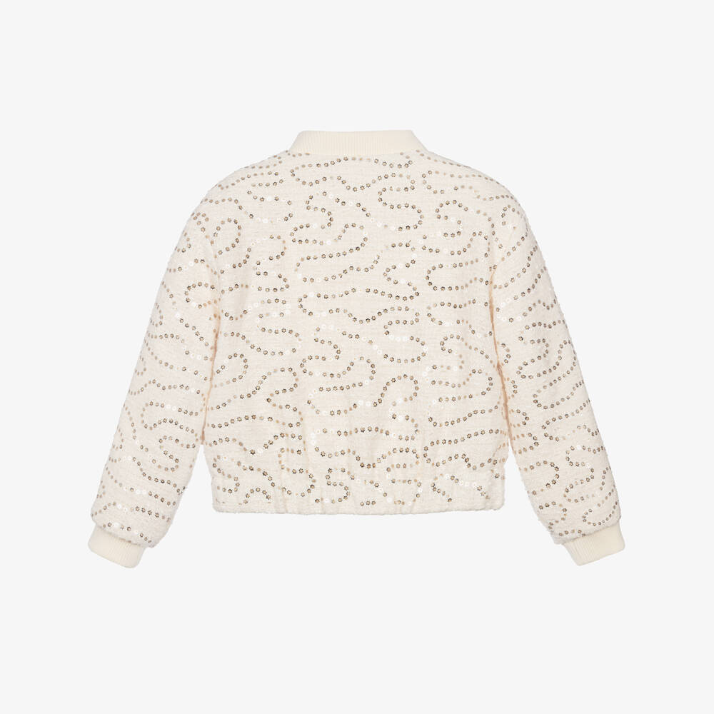 Billieblush-Girls Ivory Tweed Blouson Jacket with Sequins | Childrensalon